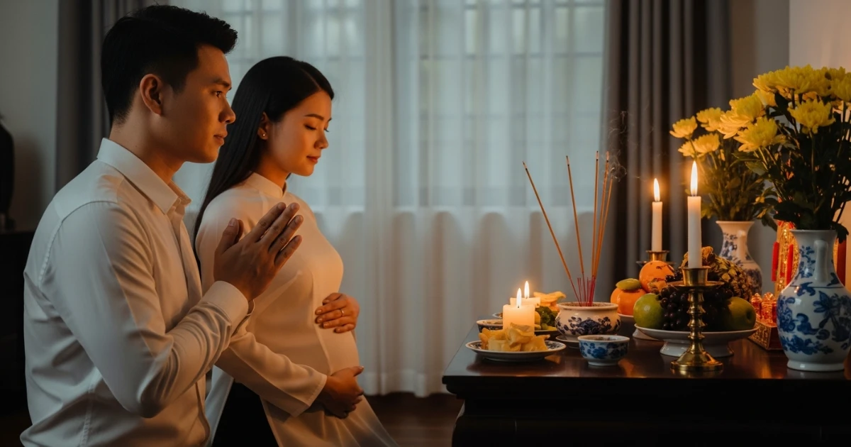 Hình ảnh gia đình thành tâm thực hiện nghi thức văn khấn cầu con tại nhà trước bàn thờ gia tiên