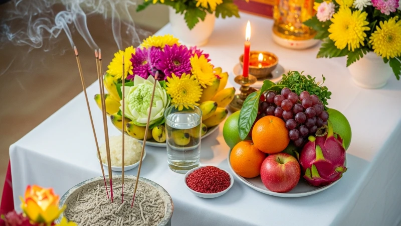 Mâm cúng thi cử truyền thống trang trọng với nhang thơm, hoa sen, ngũ quả, xôi gấc đỏ và nước sạch, chuẩn bị cho văn khấn cầu nguyện may mắn, bình an cho sĩ tử.
