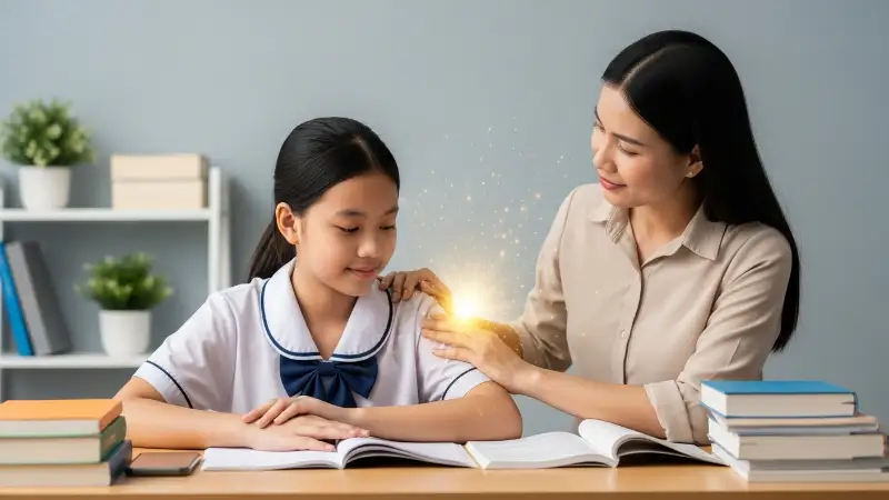 Mẹ Việt động viên con gái học bài, biểu tượng hỗ trợ tinh thần gia đình, xoa dịu căng thẳng mùa thi cử.