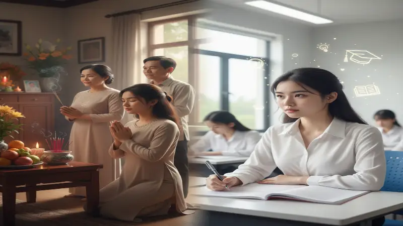 Hình ảnh ghép: Gia đình Việt Nam thực hiện nghi lễ văn khấn cầu thi cử tại nhà và nữ sinh viên tự tin làm bài thi trong lớp học hiện đại, biểu tượng cho sự kết hợp giữa niềm tin tâm linh và nỗ lực học tập để đạt đỗ đạt.