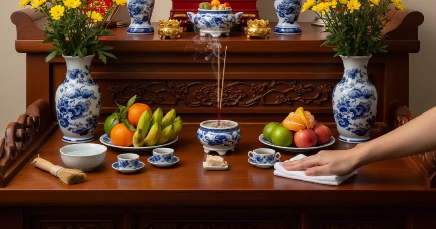 Bàn thờ Thần Tài Ông Địa được lau dọn sạch sẽ